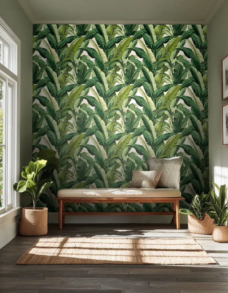 Papel tapiz Hojas tropicales en verde vivo
