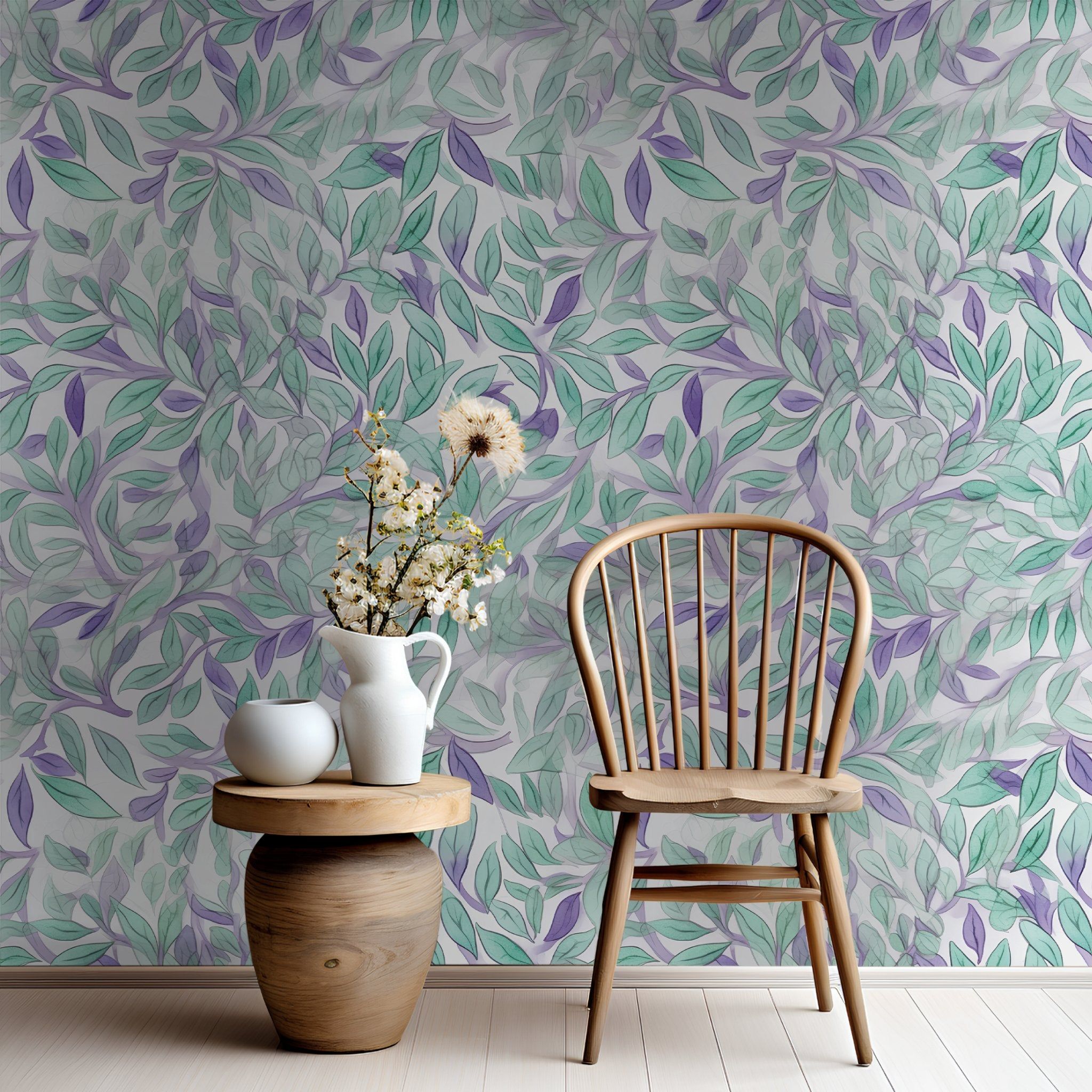 Papel tapiz Hojas acuarela verde y lavanda