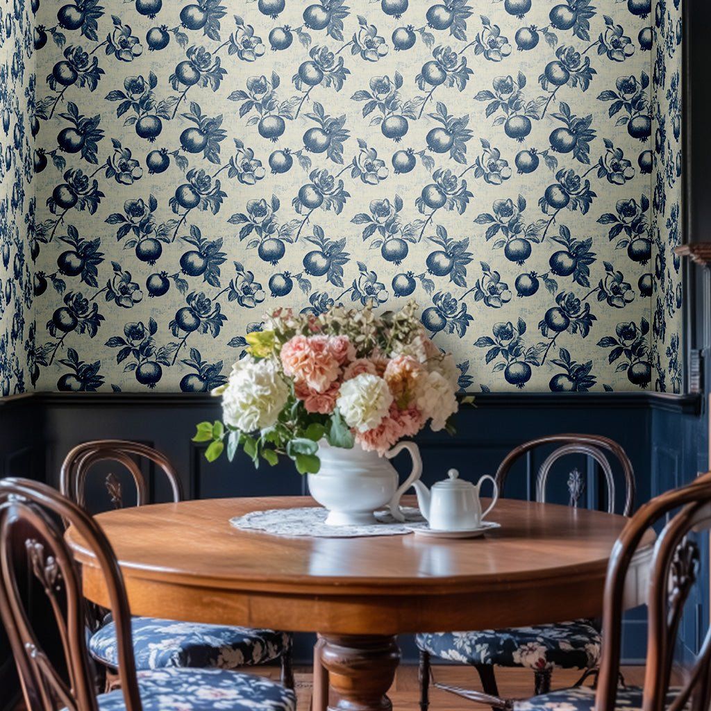 Papel tapiz Frutos y flores azul grabado