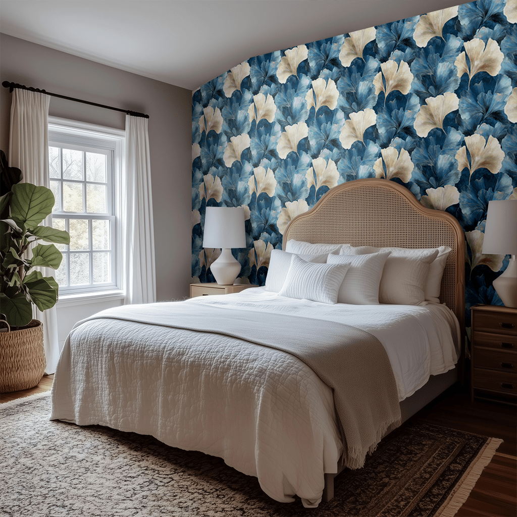 Papel tapiz Ginkgo azul con acentos crema