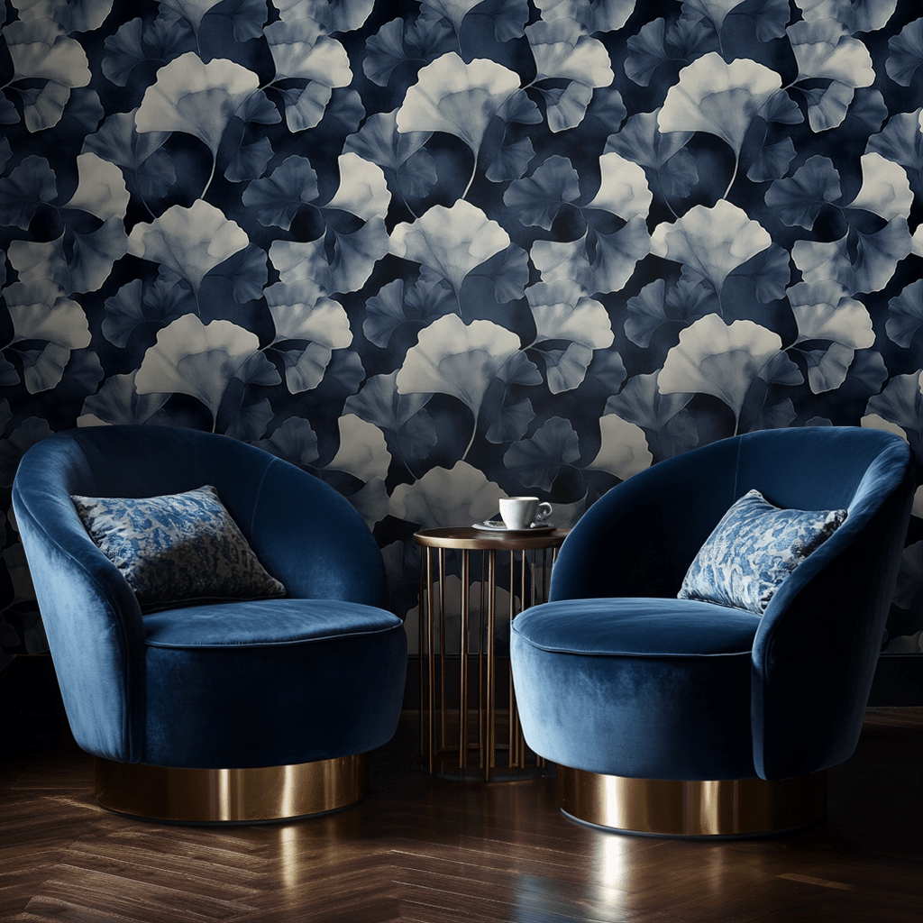 Papel tapiz Hojas de ginkgo azul noche