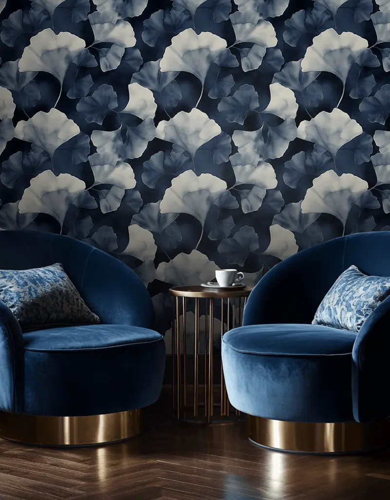 Papel tapiz Hojas de ginkgo azul noche