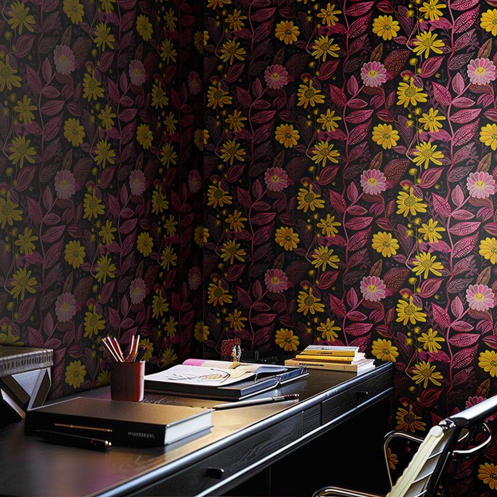 Papel tapiz Flores fucsia y amarillo vivo
