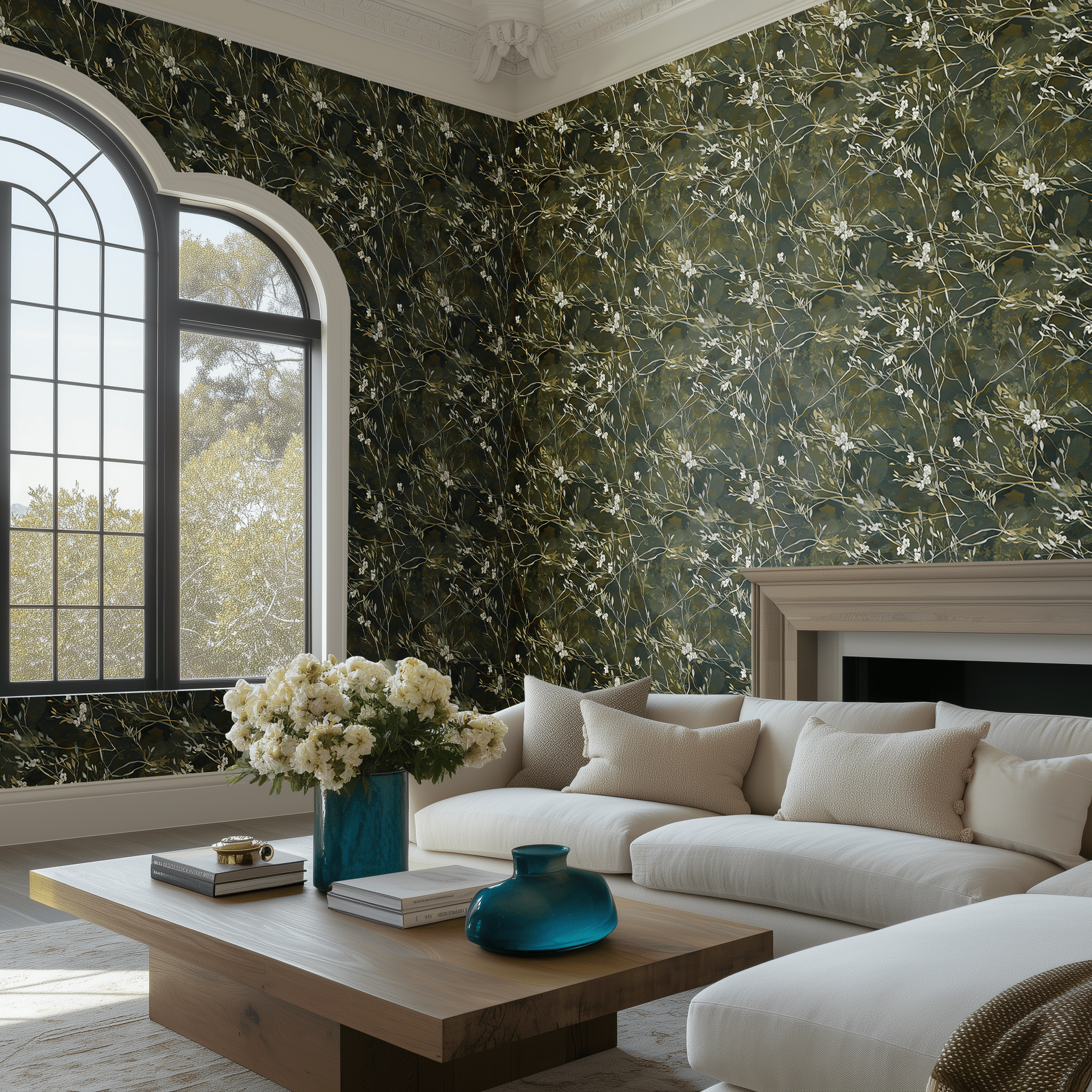 Papel tapiz Ramas y flores sobre verde