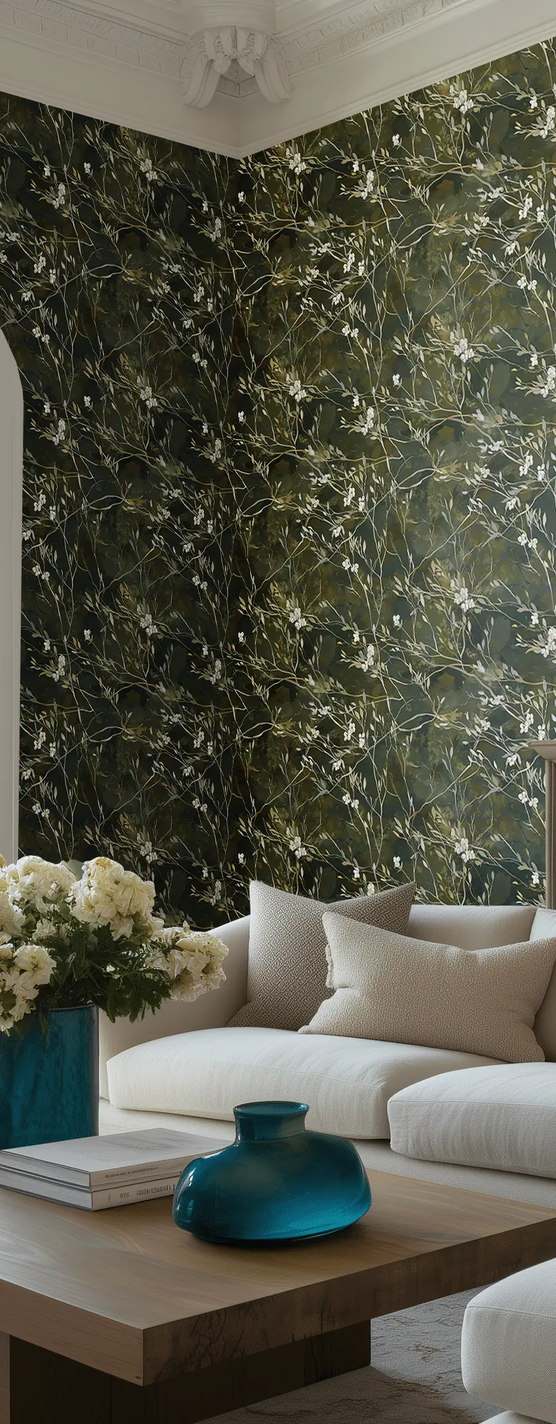 Papel tapiz Ramas y flores sobre verde