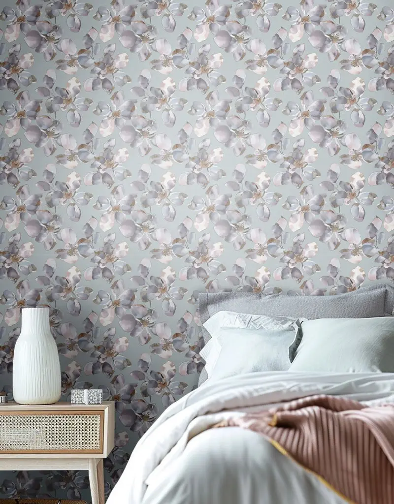 Papel tapiz Flores acuarela azul y lavanda
