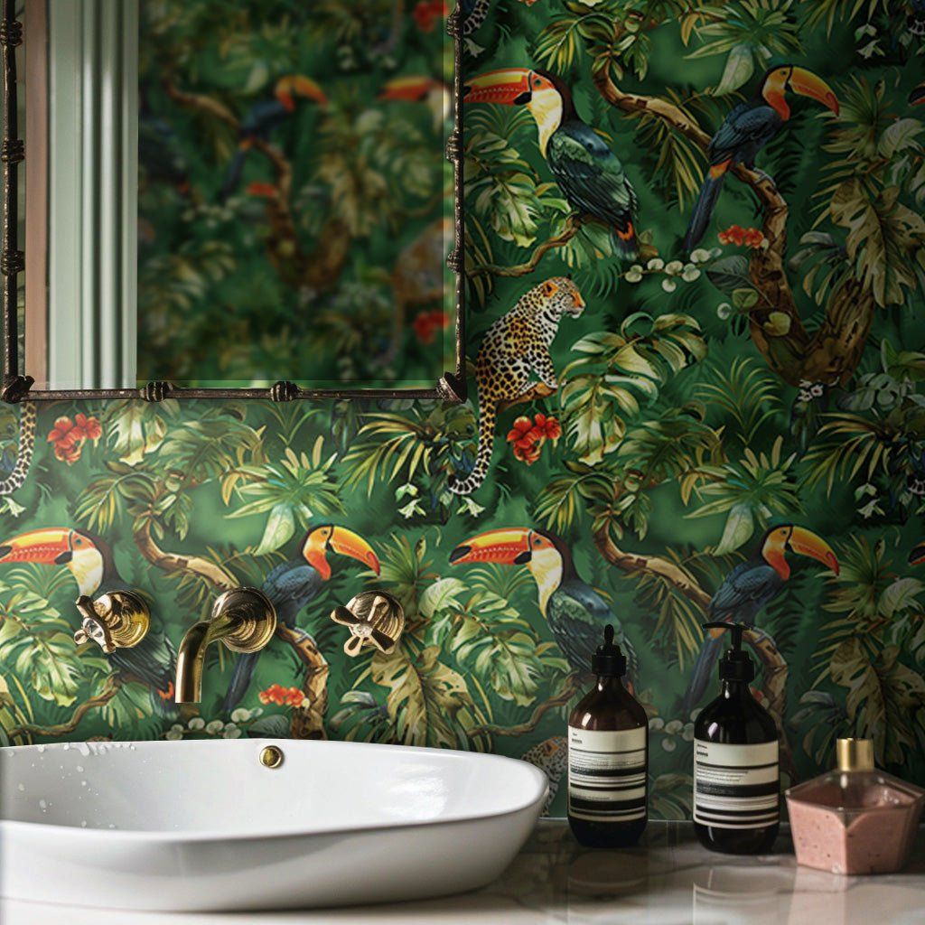 Papel tapiz Tucanes y fauna tropical verde