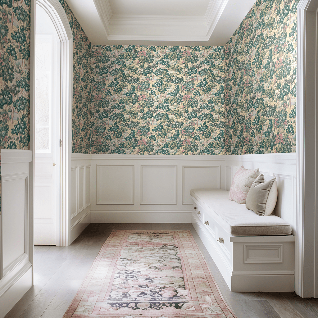 Papel tapiz Bosque clásico verde y rosa