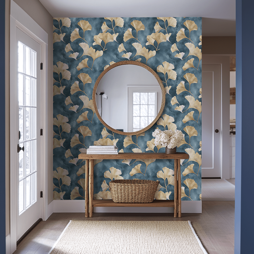 Papel tapiz Ginkgo crema sobre azul suave