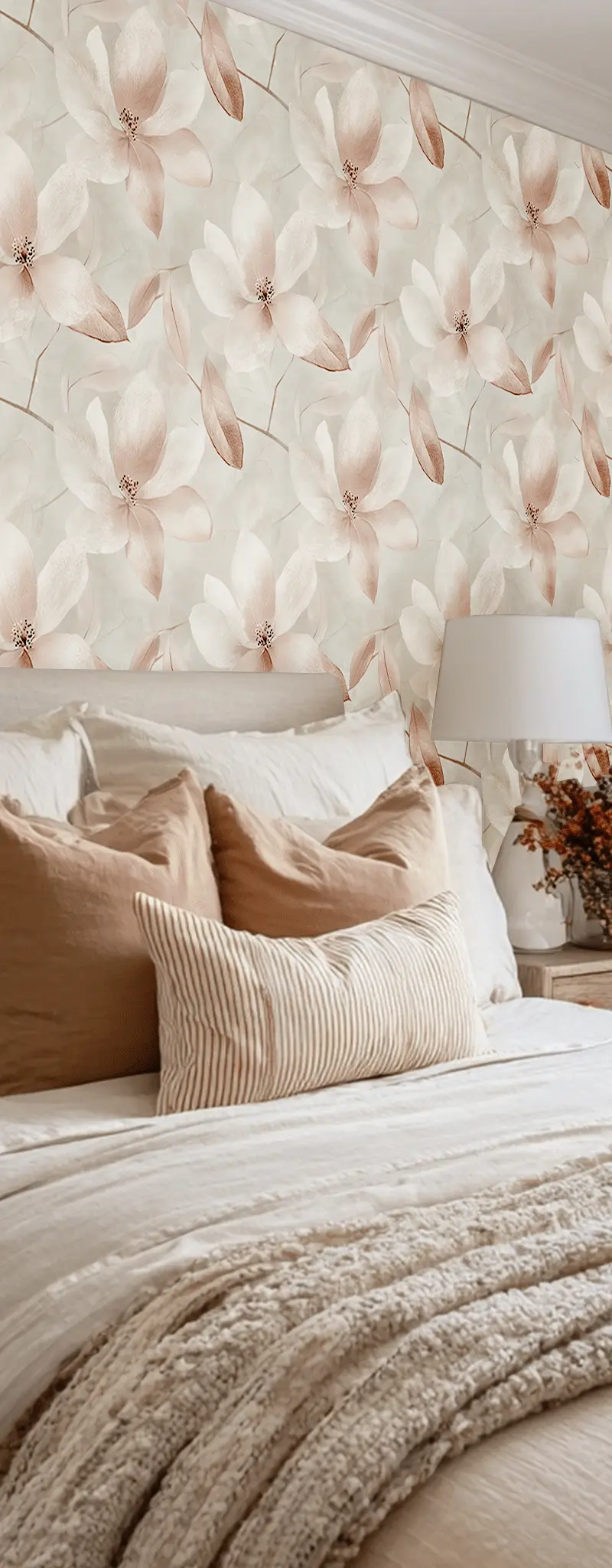 Papel tapiz Flores suaves marfil y rosa