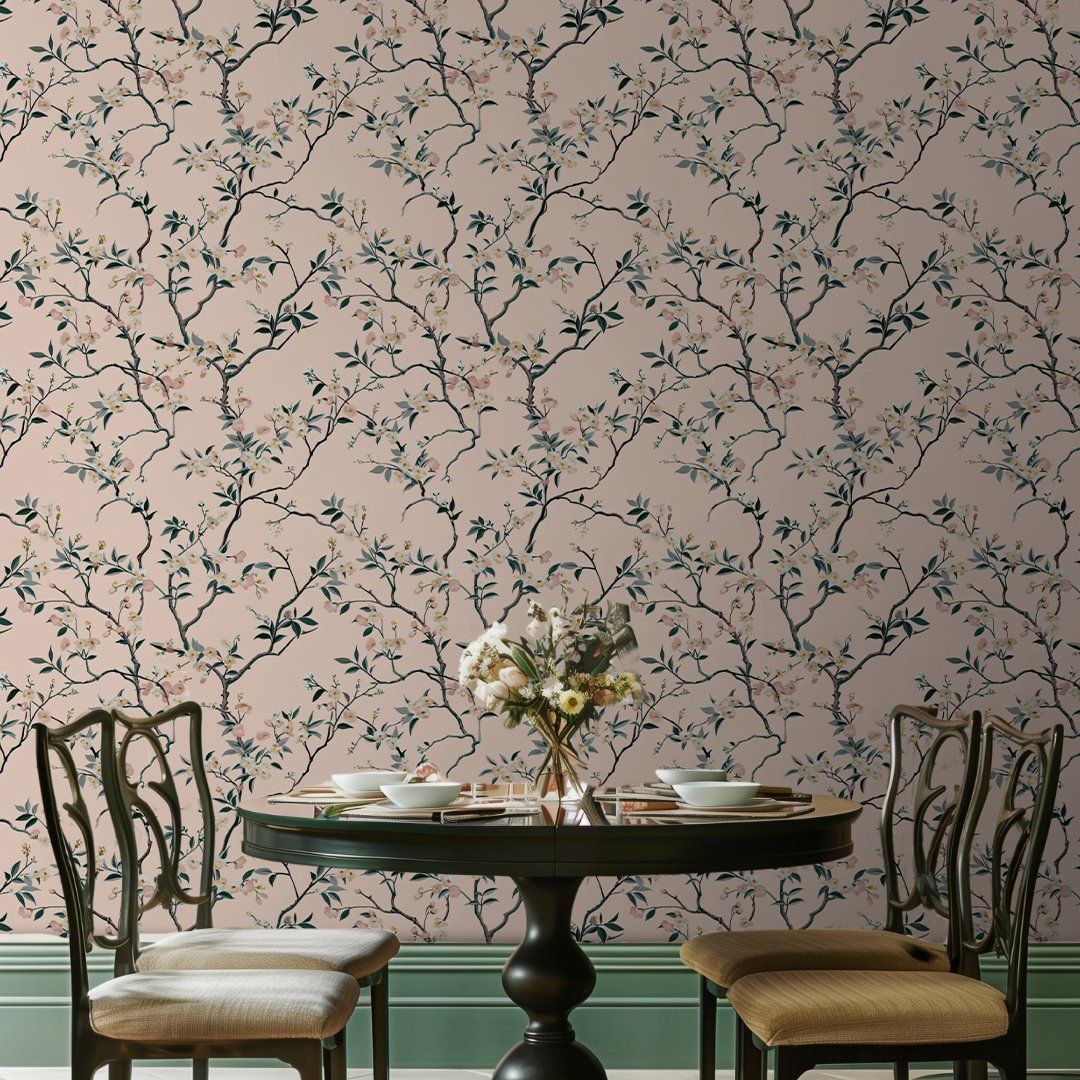 Papel tapiz Ramas florales sobre rosa suave