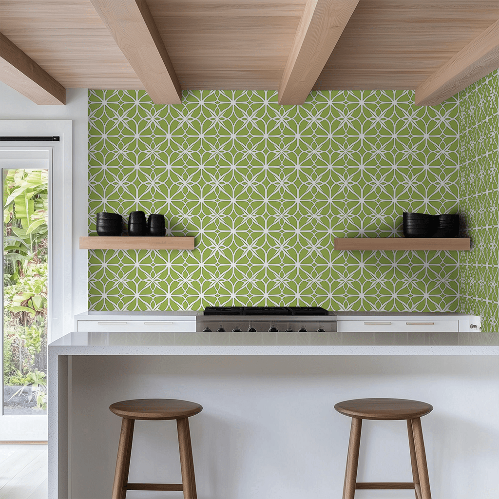 Papel tapiz Flores geométricas verde salvia