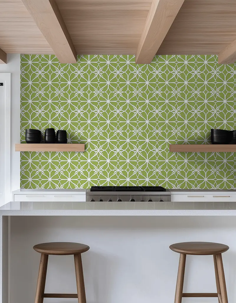 Papel tapiz Flores geométricas verde salvia