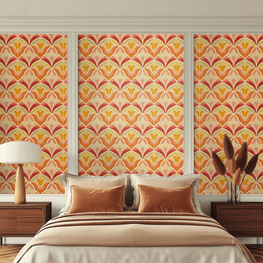 Papel tapiz Flores gráficas en naranja y oro
