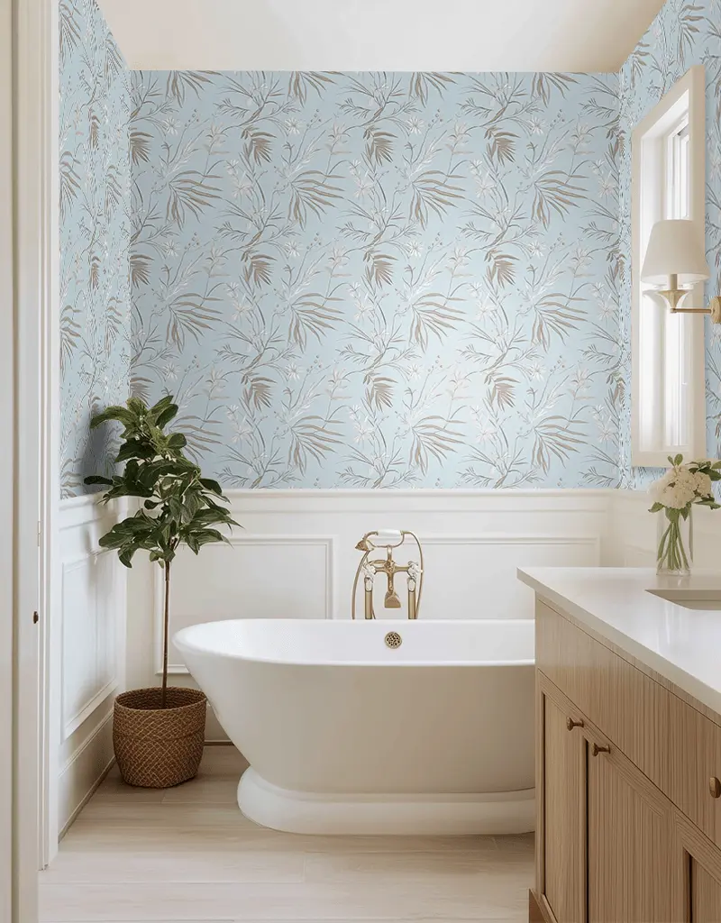 Papel tapiz Follaje pastel azul y ocre