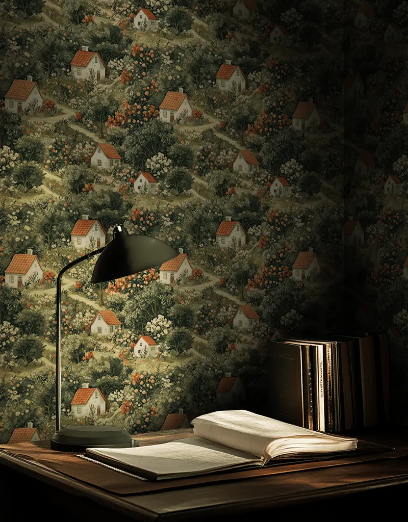 Papel tapiz Casitas entre jardines florales