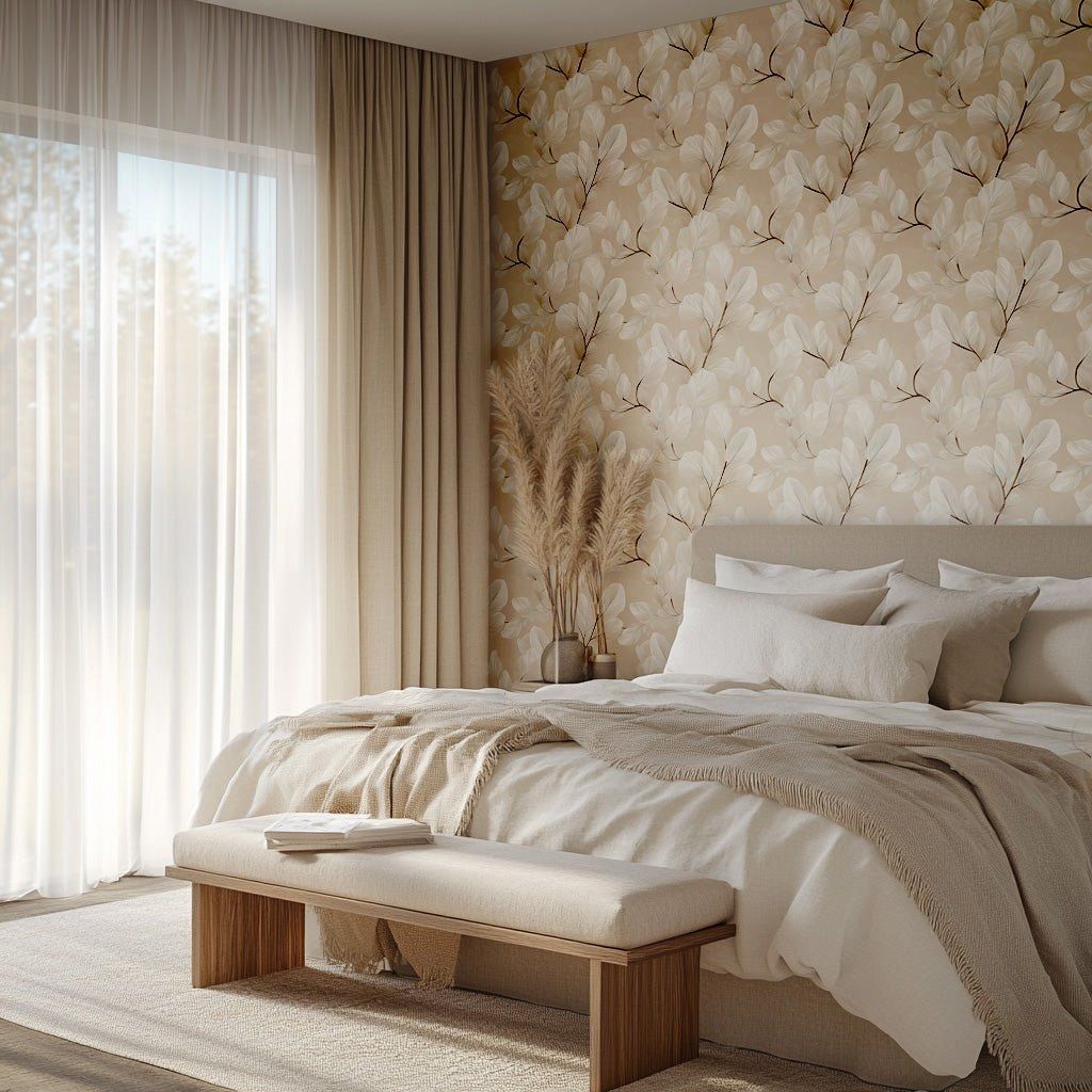 Papel tapiz Hojas blancas sobre beige suave