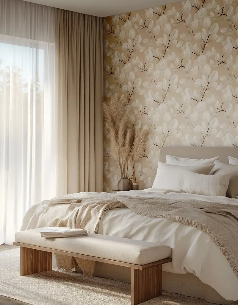 Papel tapiz Hojas blancas sobre beige suave