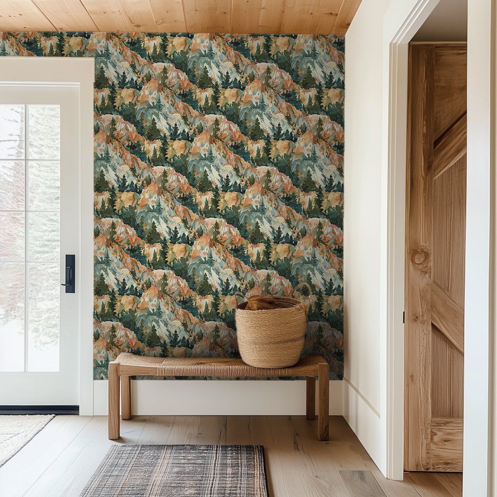 Papel tapiz Montañas y bosques en acuarela