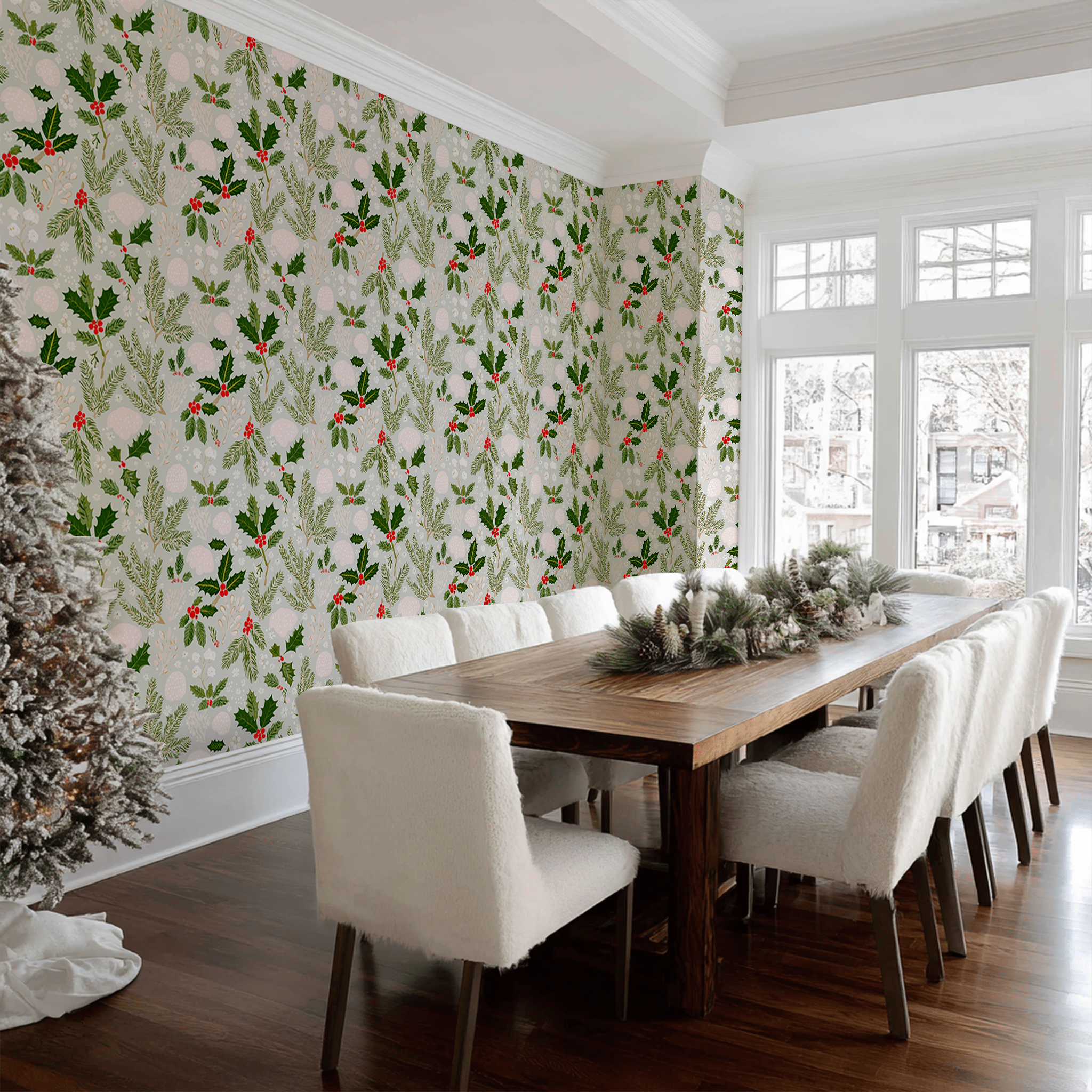 Papel tapiz Acebo y ramas navideñas
