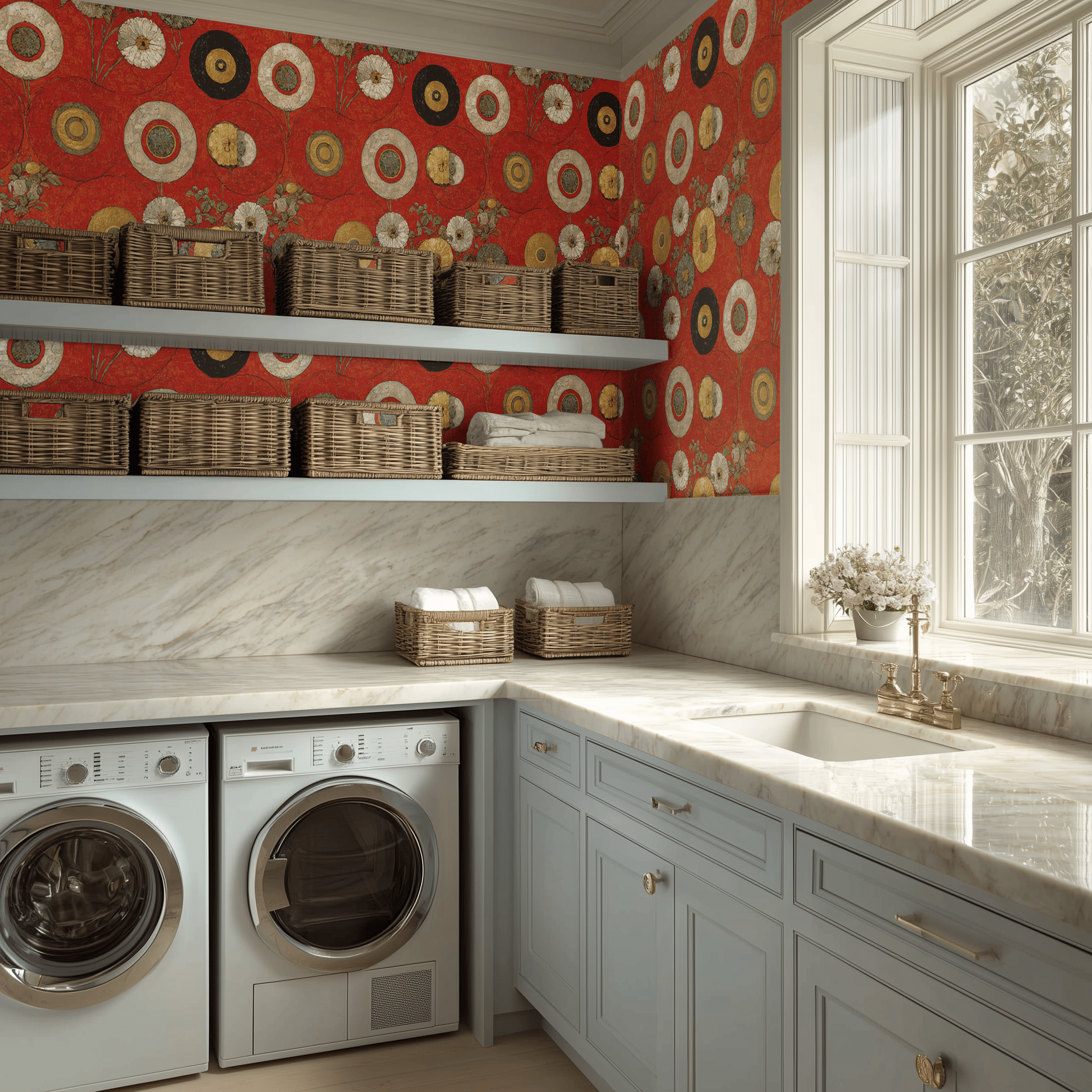 Papel tapiz Círculos y flores sobre rojo