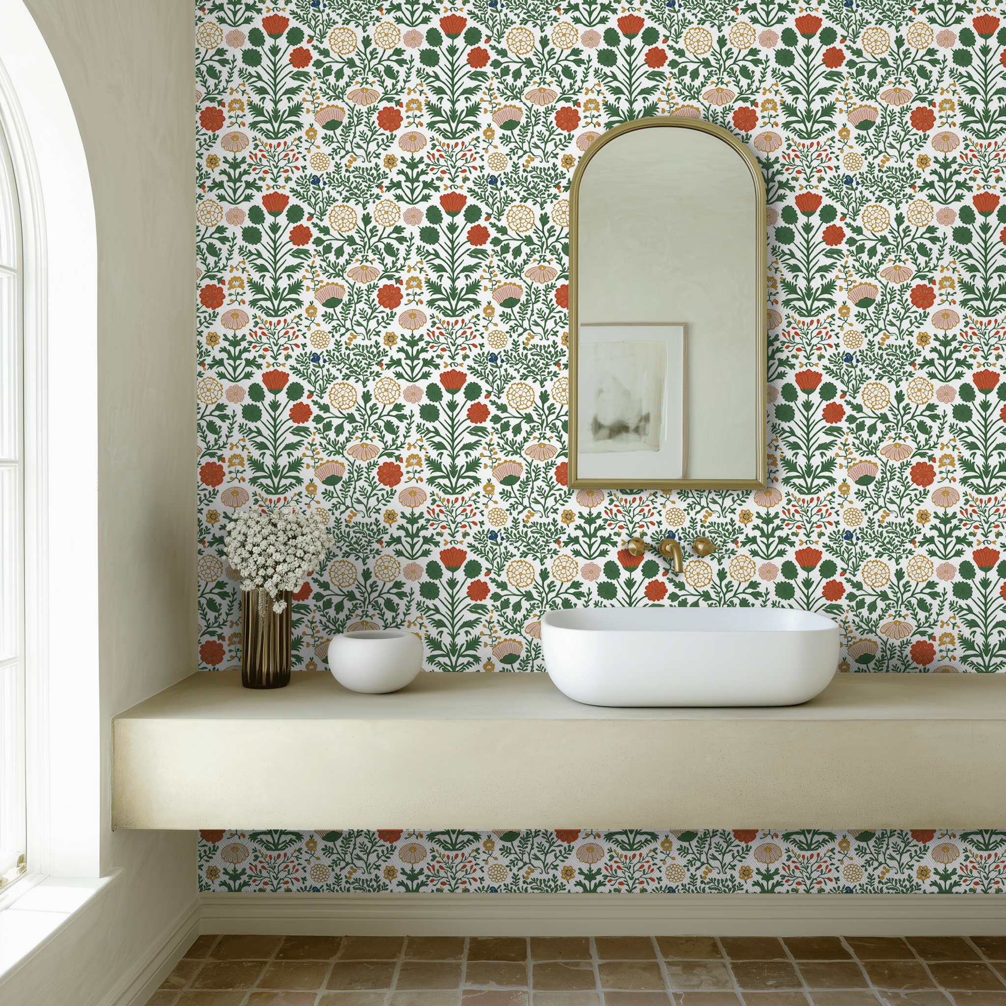 Papel tapiz Flores verdes y tonos cálidos