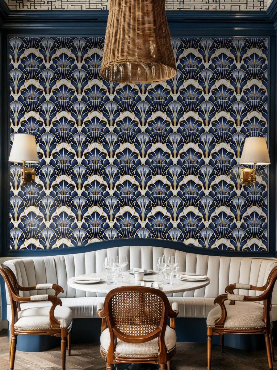 Papel tapiz Flores Art Déco azul y oro