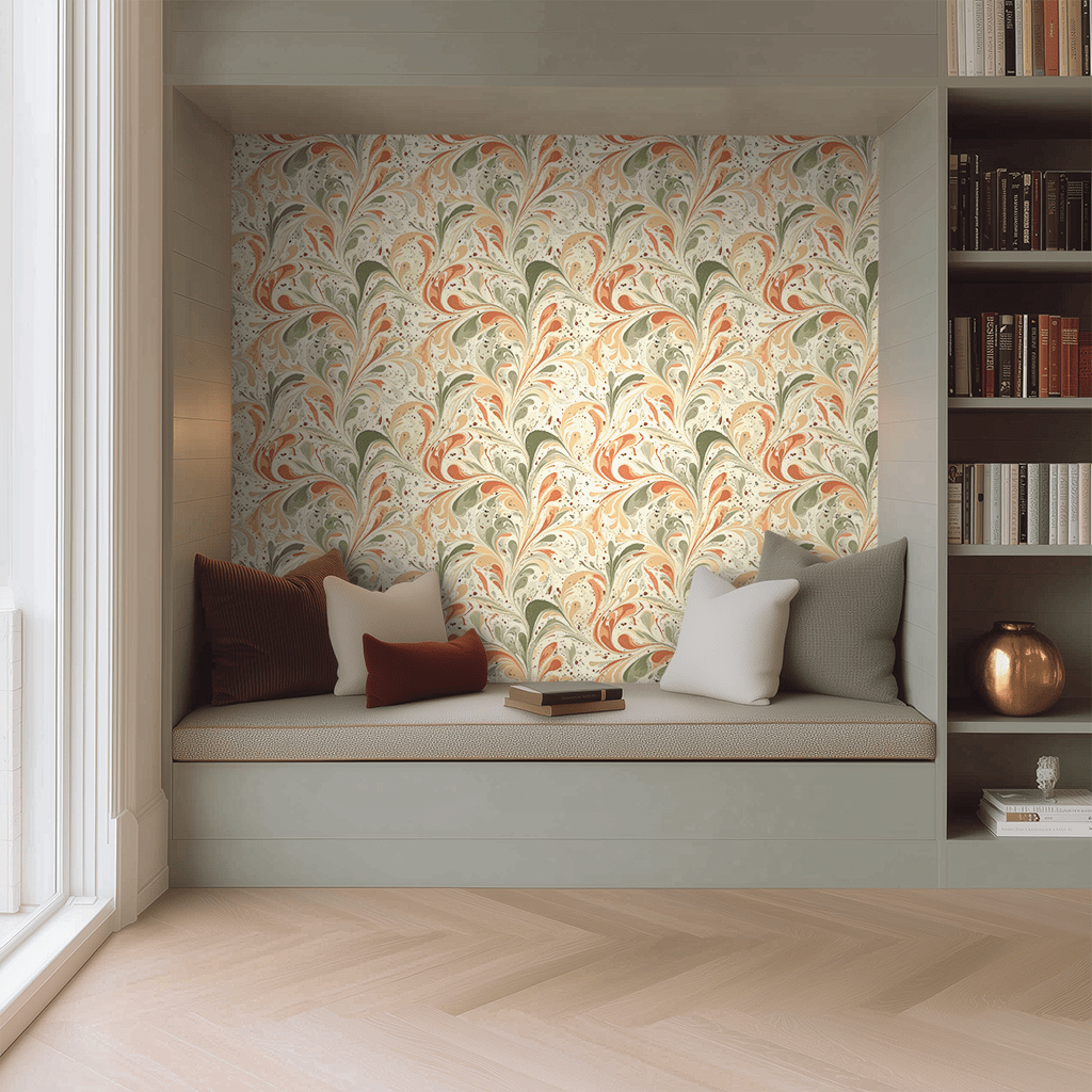 Papel tapiz Ondas marmoleadas coral y salvia