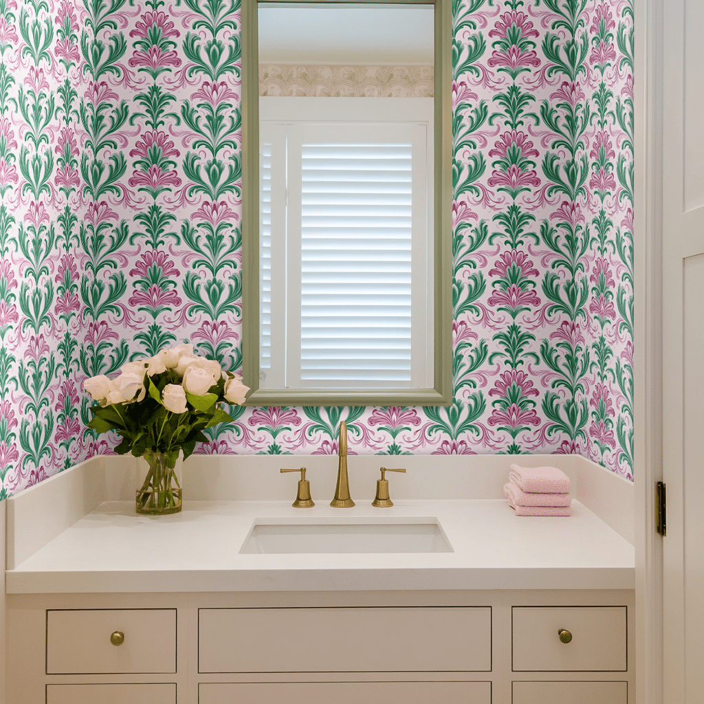 Papel tapiz Damasco floral rosa y verde