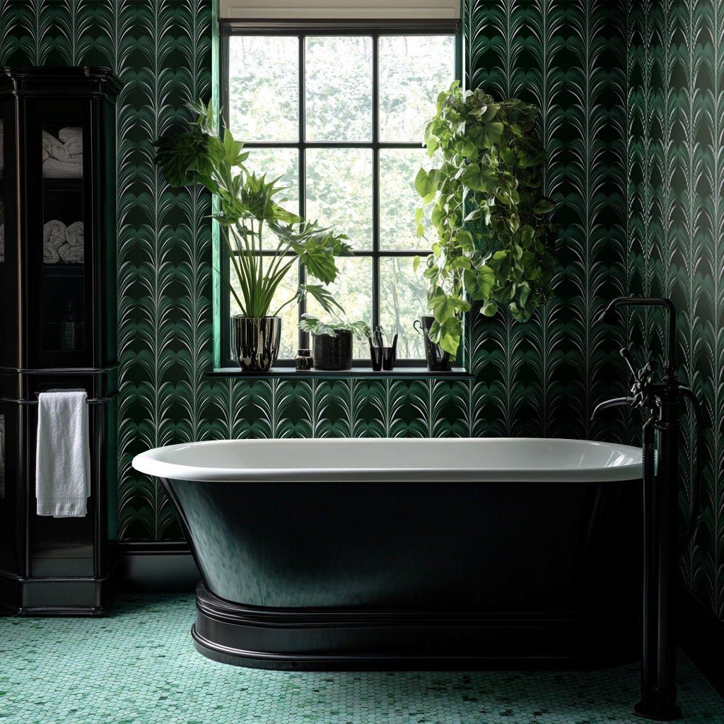 Papel tapiz Hojas ornamentales verde oscuro