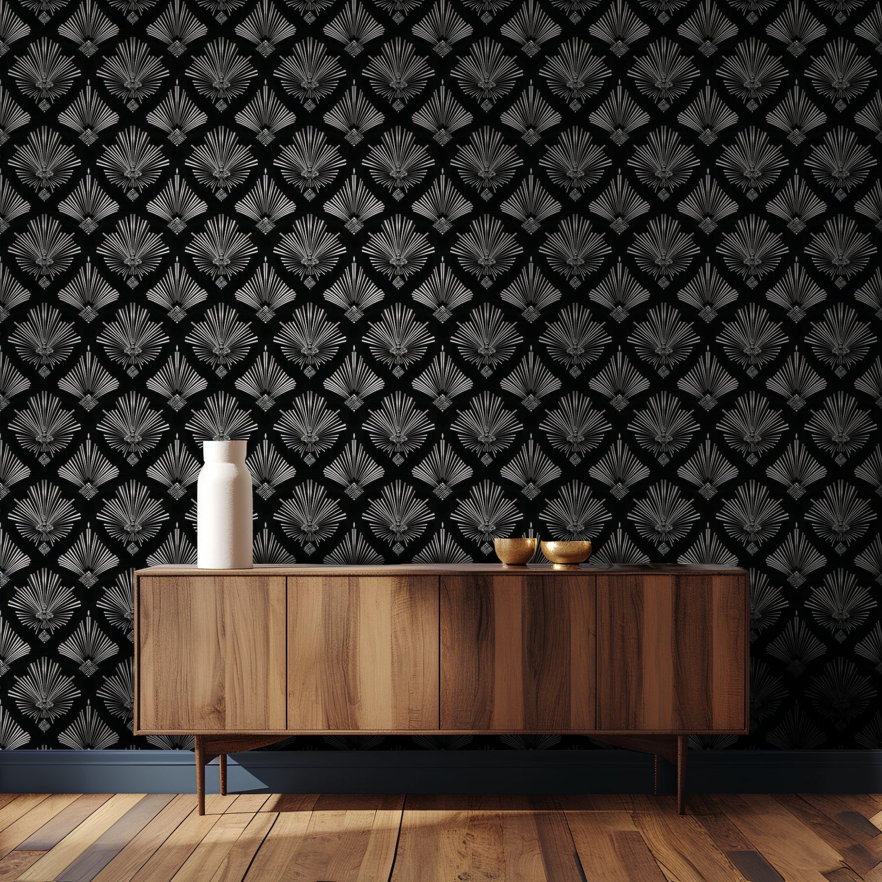 Papel tapiz Abanicos blancos sobre negro