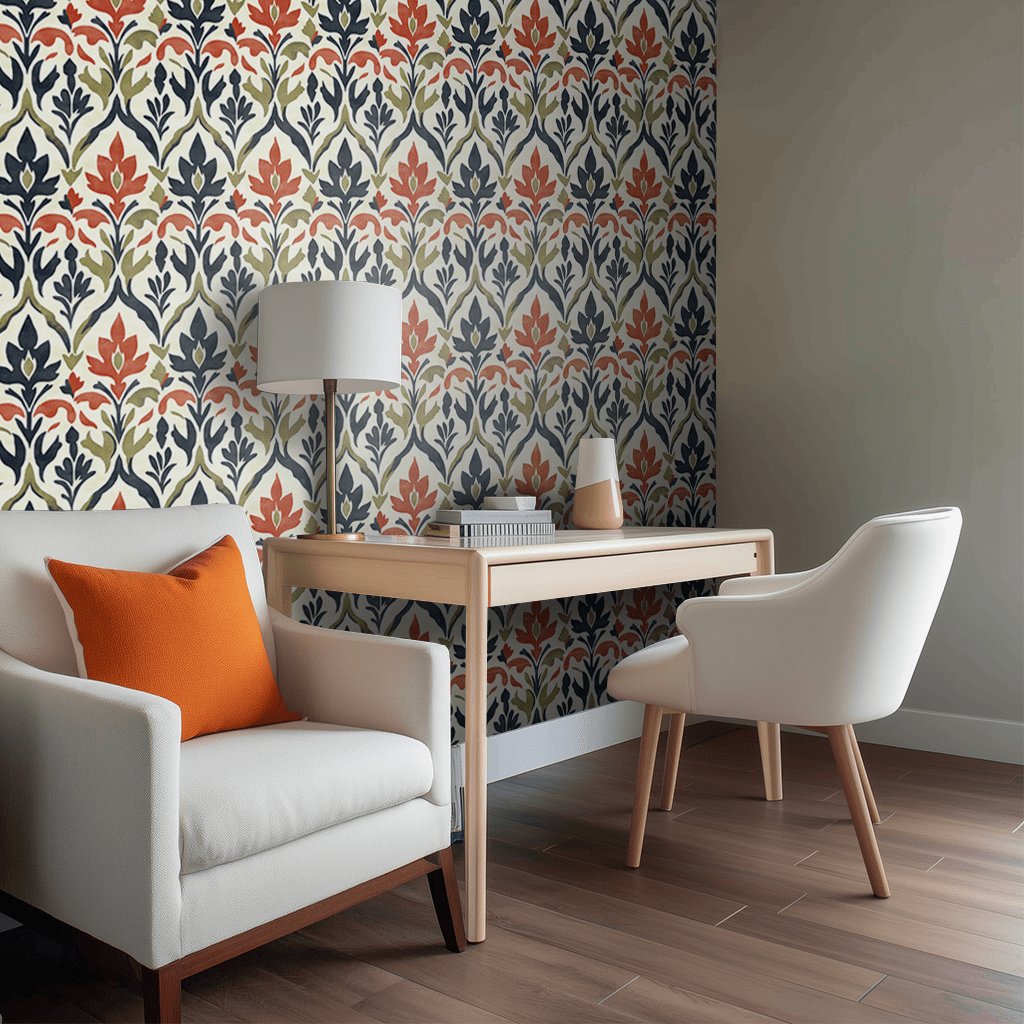 Papel tapiz Hojas navy y naranja Art Nouveau