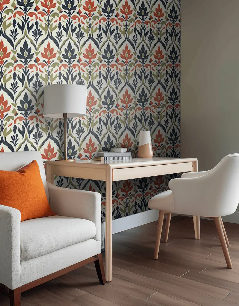 Papel tapiz Hojas navy y naranja Art Nouveau