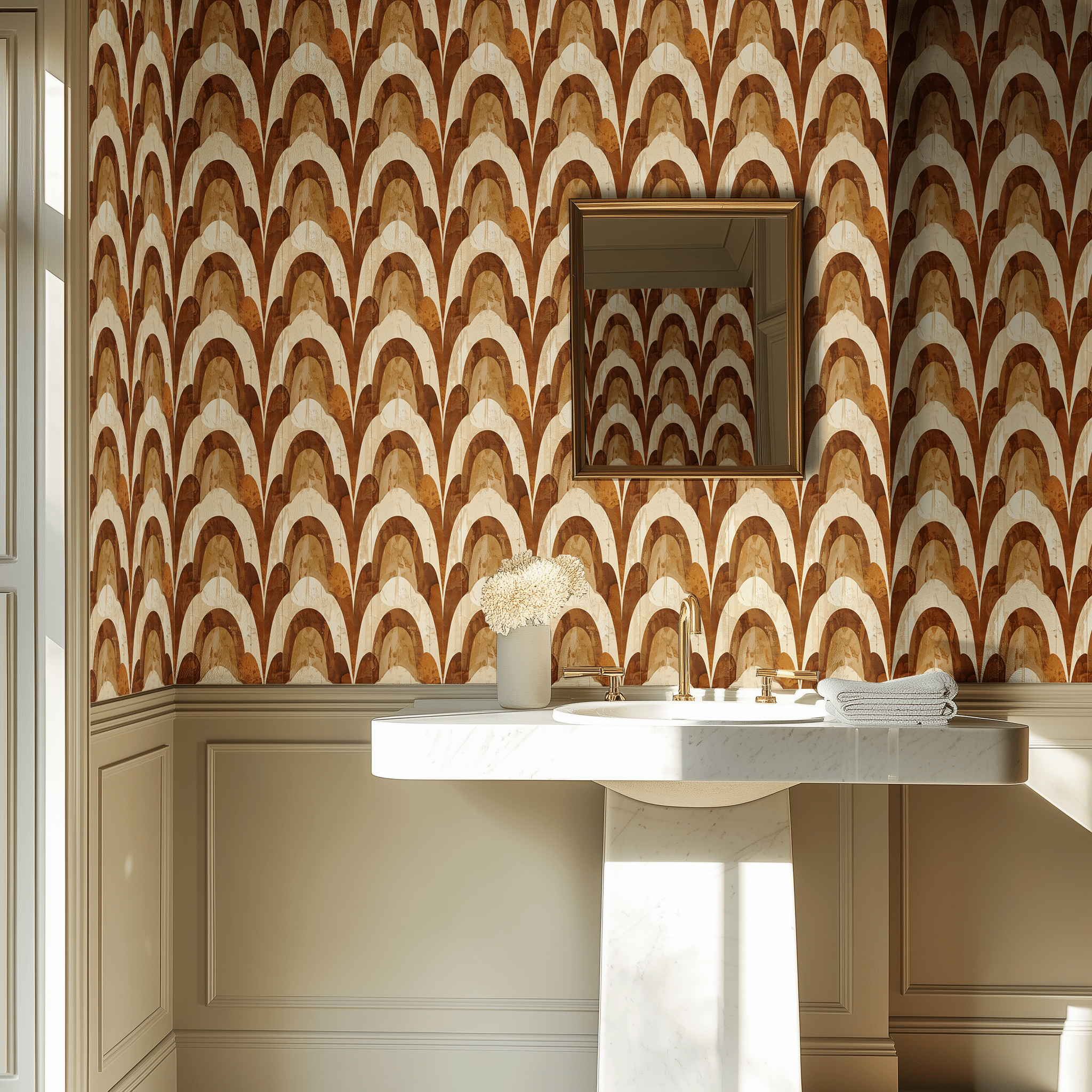 Papel tapiz Arcos ocre de efecto marmoleado