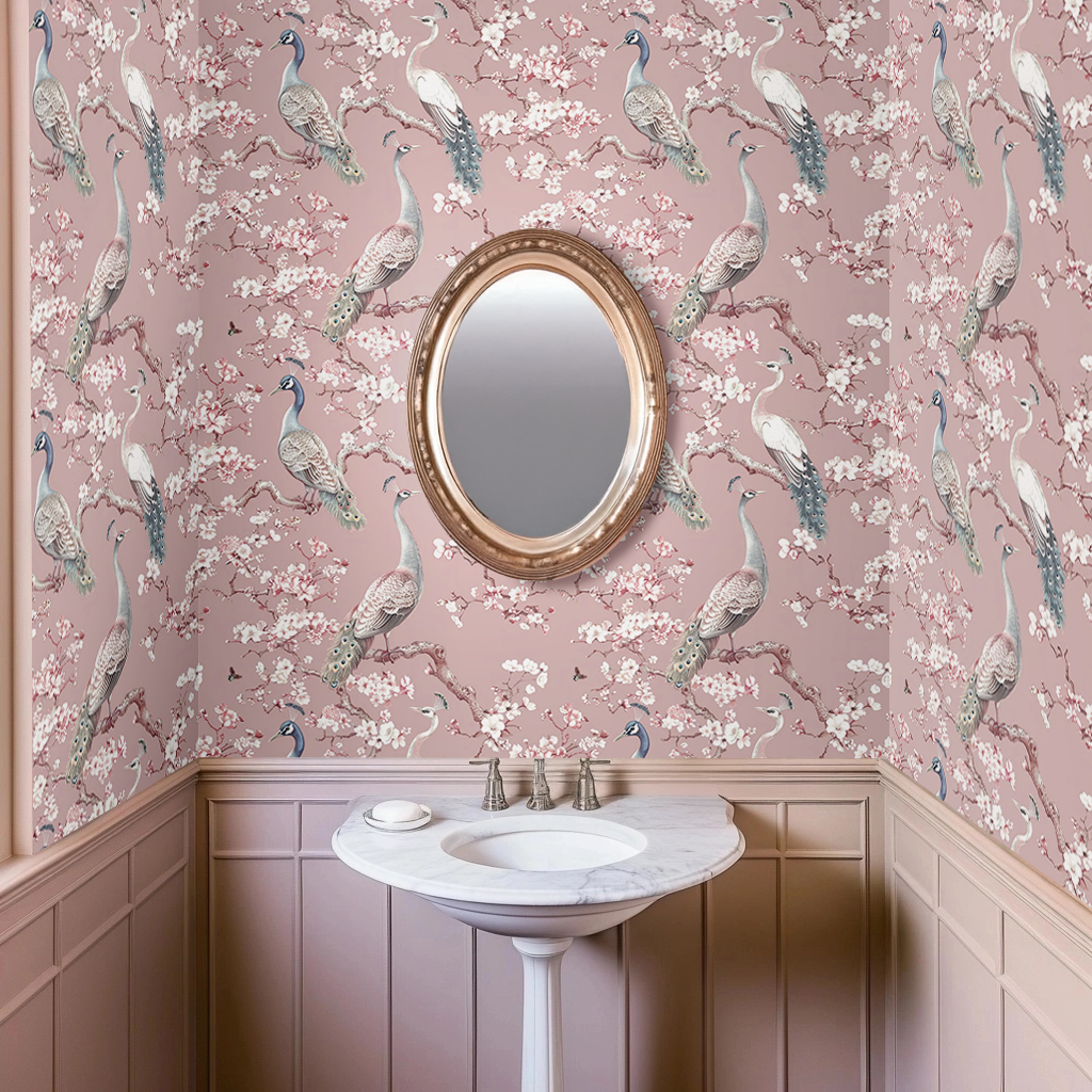 Papel tapiz Aves y flores sobre rosa suave