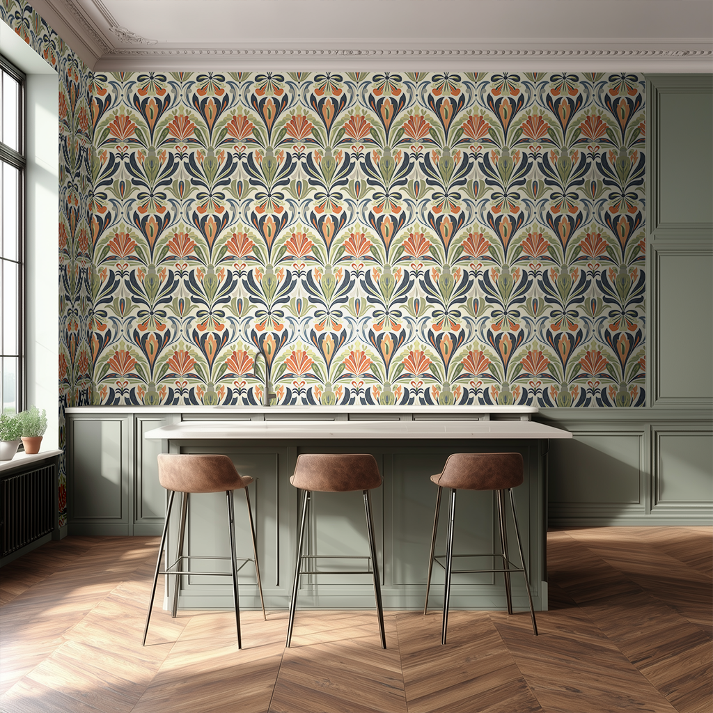 Papel tapiz Flores Art Nouveau multicolor