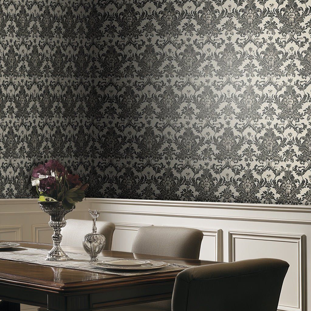 Papel tapiz Damasco gris sobre crema