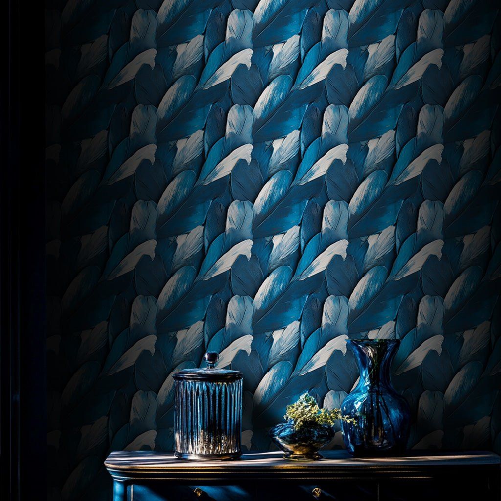 Papel tapiz Plumas azules y blancas
