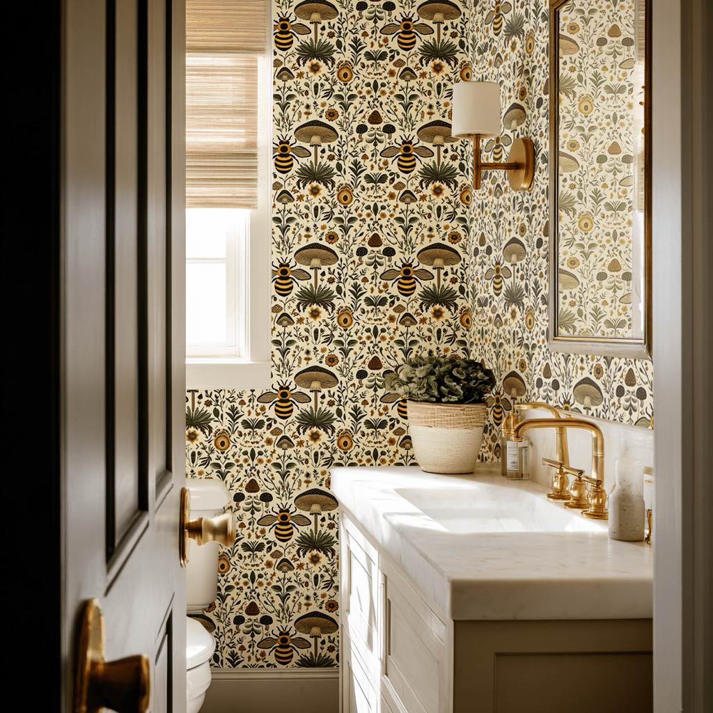 Papel tapiz Abejas hongos y flores de bosque