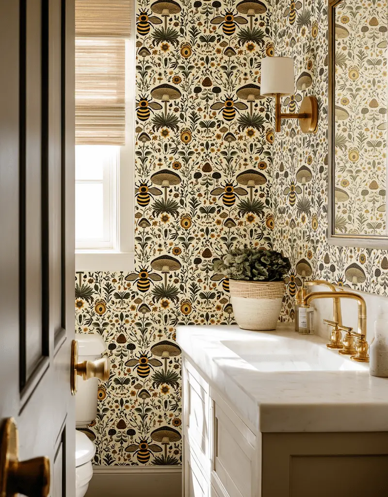 Papel tapiz Abejas hongos y flores de bosque