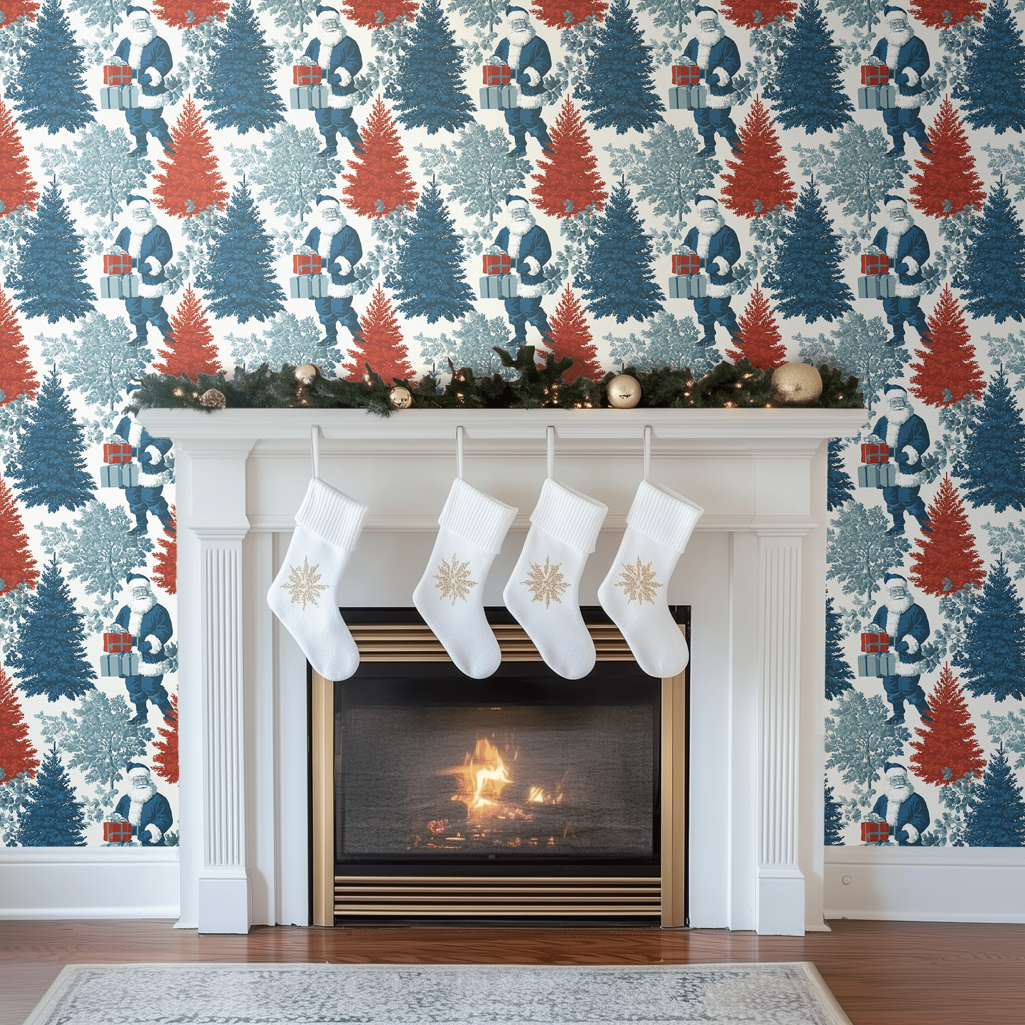 Papel tapiz Santa y pinos azul y rojo