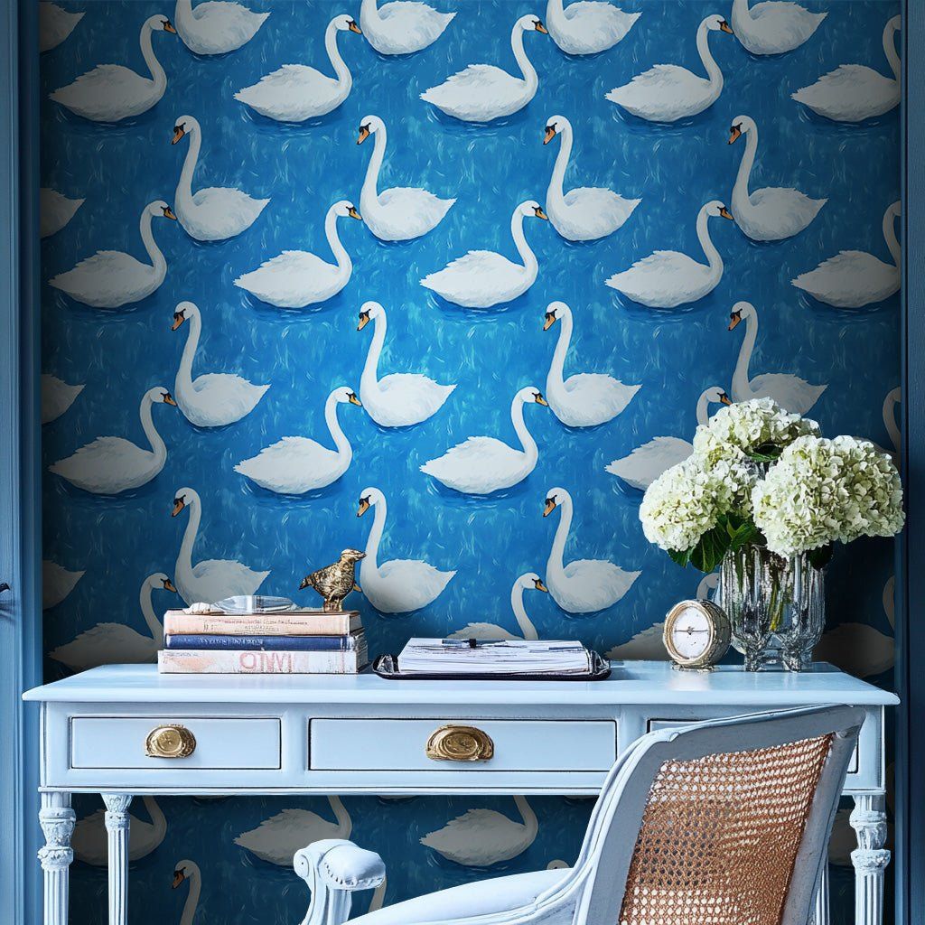 Papel tapiz Cisnes blancos sobre azul
