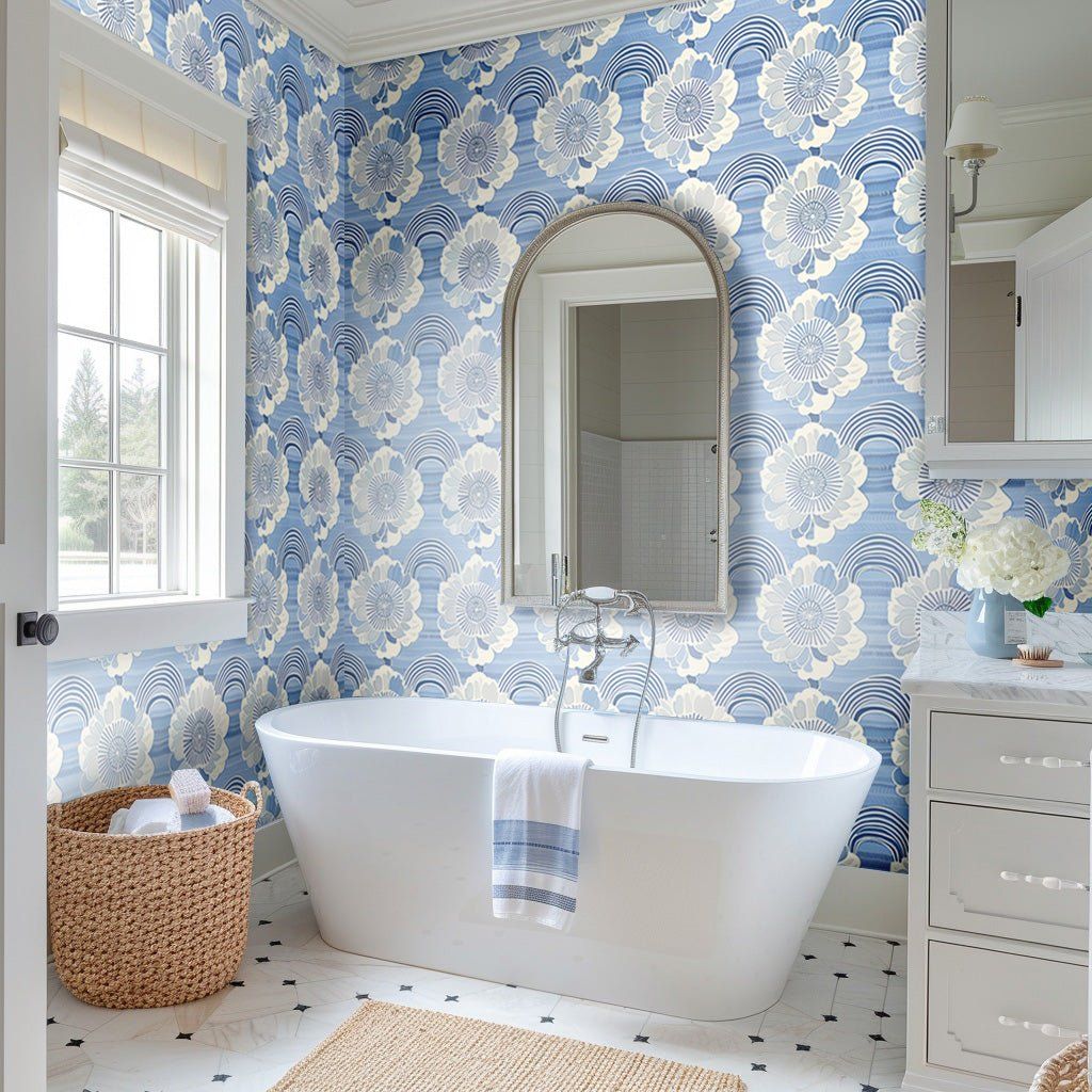Papel tapiz Flores y arcos azul y crema