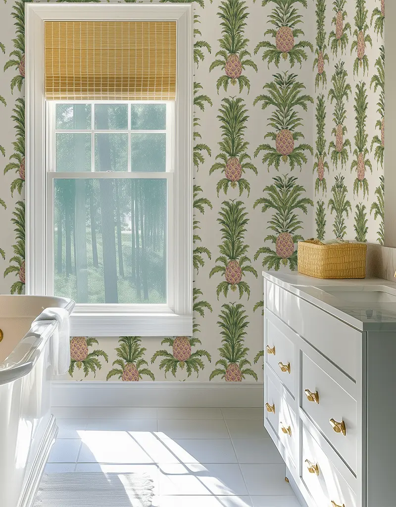 Papel tapiz Piñas rosas y hojas verdes