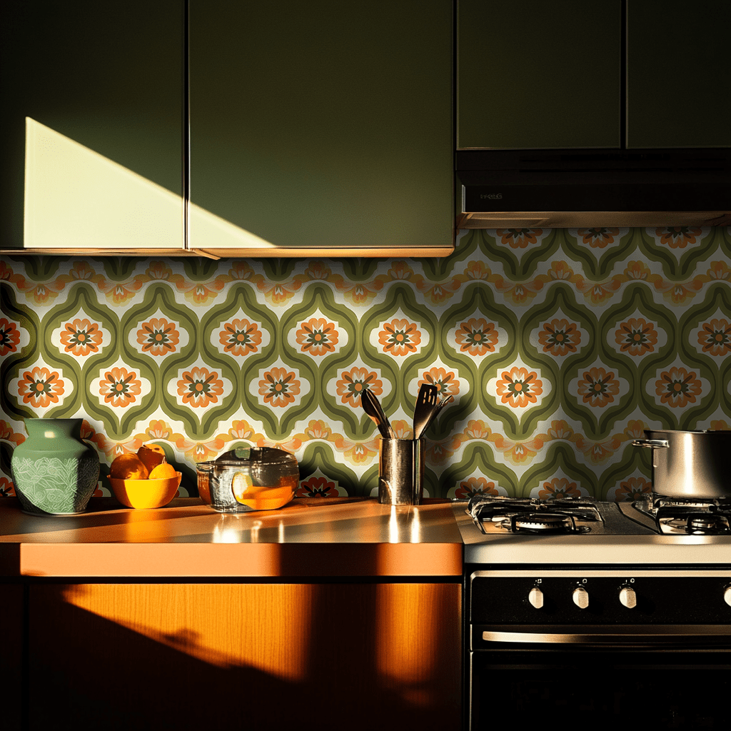 Papel tapiz Flores retro naranja y verde