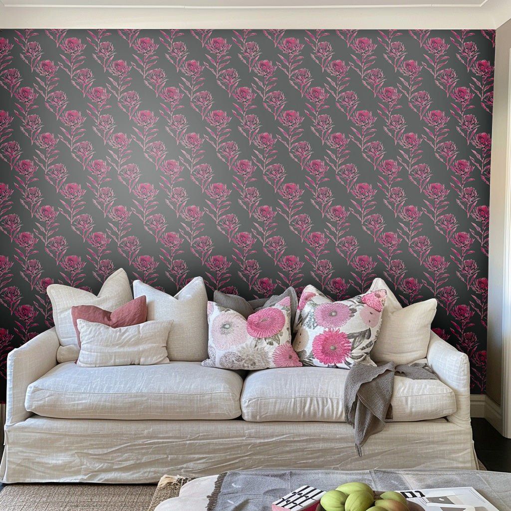Papel tapiz Flores rosas sobre gris