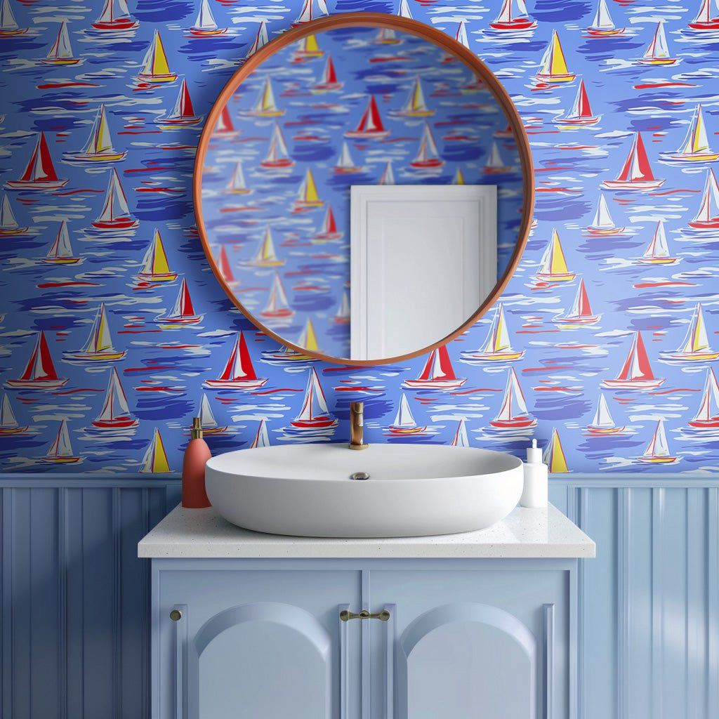Papel tapiz Veleros de colores sobre azul