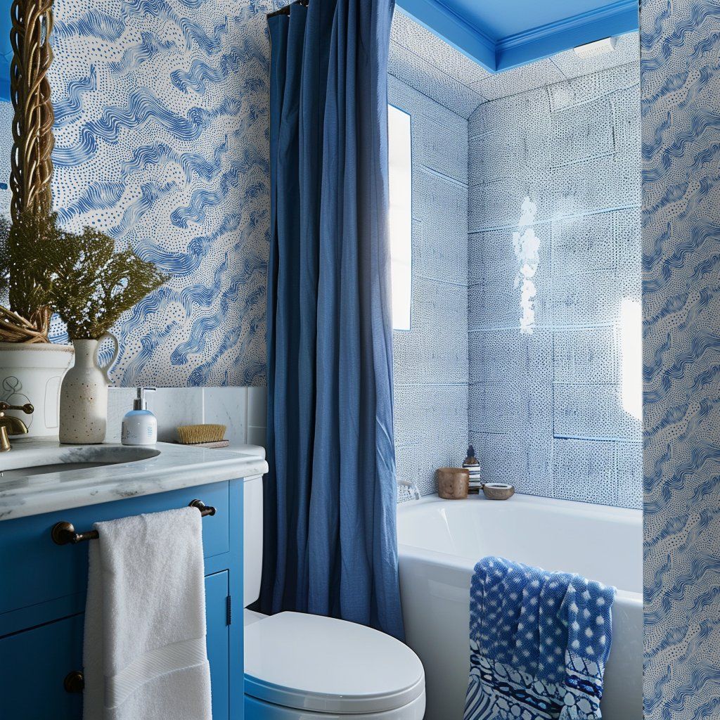 Papel tapiz Ondas y puntos azules en blanco