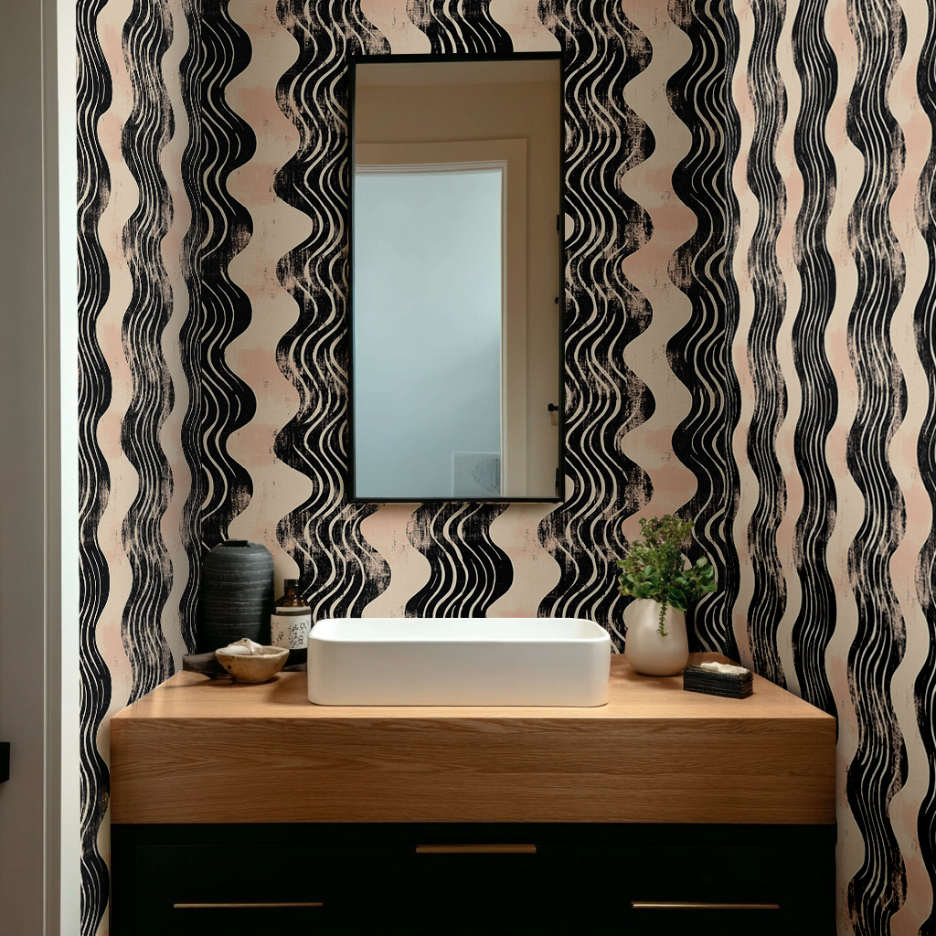 Papel tapiz Ondas negras y beige rosado