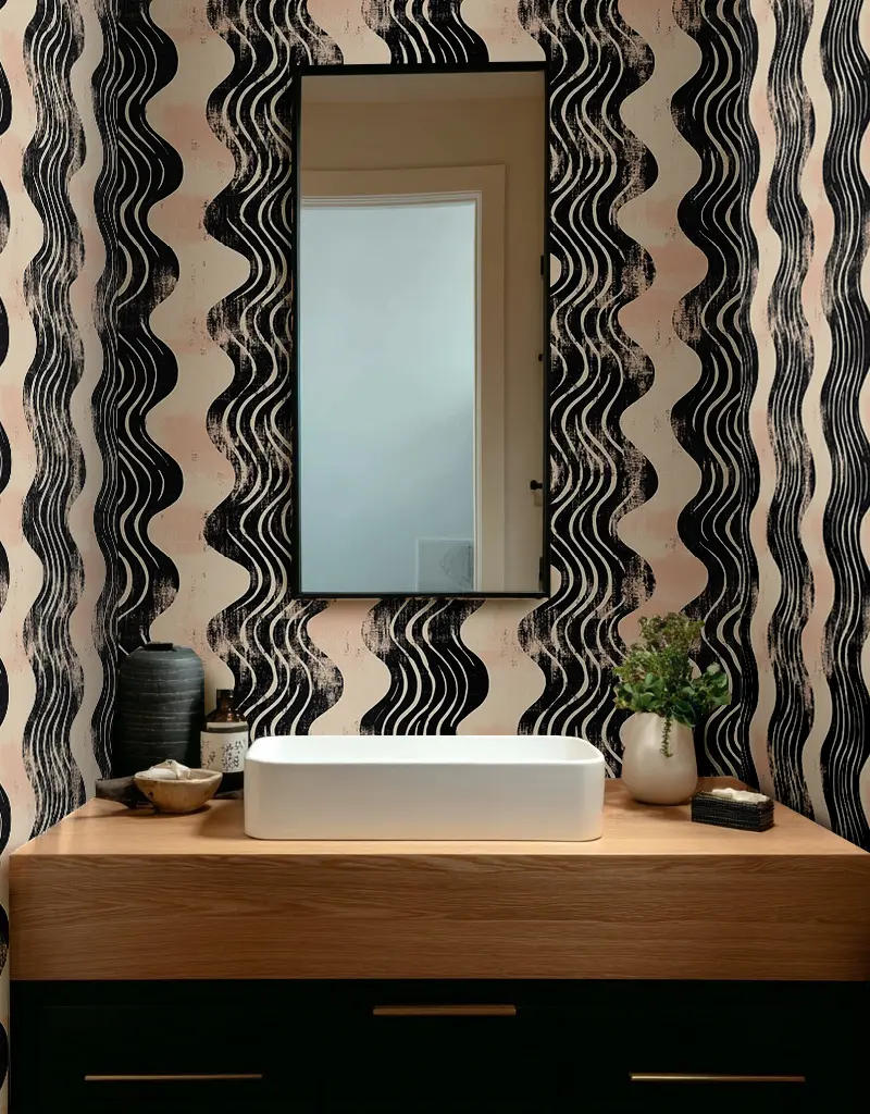 Papel tapiz Ondas negras y beige rosado